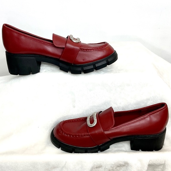 ZBY Chunky Rhinestone Platform Burgundy Loafer Y2K Slip On Lug Sole Dressy Shoes - Picture 2 of 10